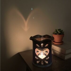 Vintage Studio Art Pottery Heart Cutout Candle Luminary - Blue Drip Glaze